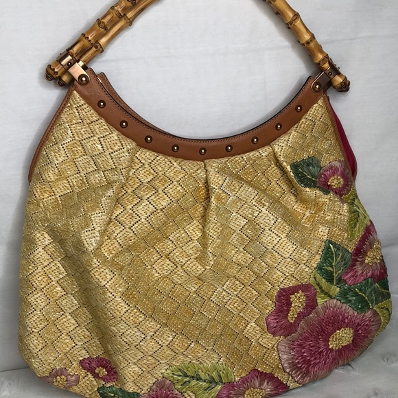 Gucci Raffia floral print bamboo hobo handbag - Picture 2 of 8